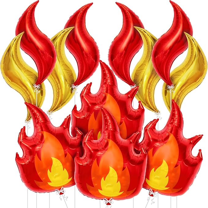 Fire Balloons and Flame Balloons Set - 28 Inch, Pack of 12 | Helium Supported Red and Gold Flame Balloons for Fire Decorations | Fire Truck Birthday Supplies for Fire Birthday Decorations